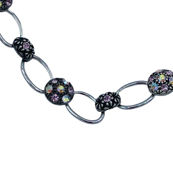 Pink Aurora Borealis Rhinestone Dark Tone Fashion Tennis Bracelet - Picture 2 of 7